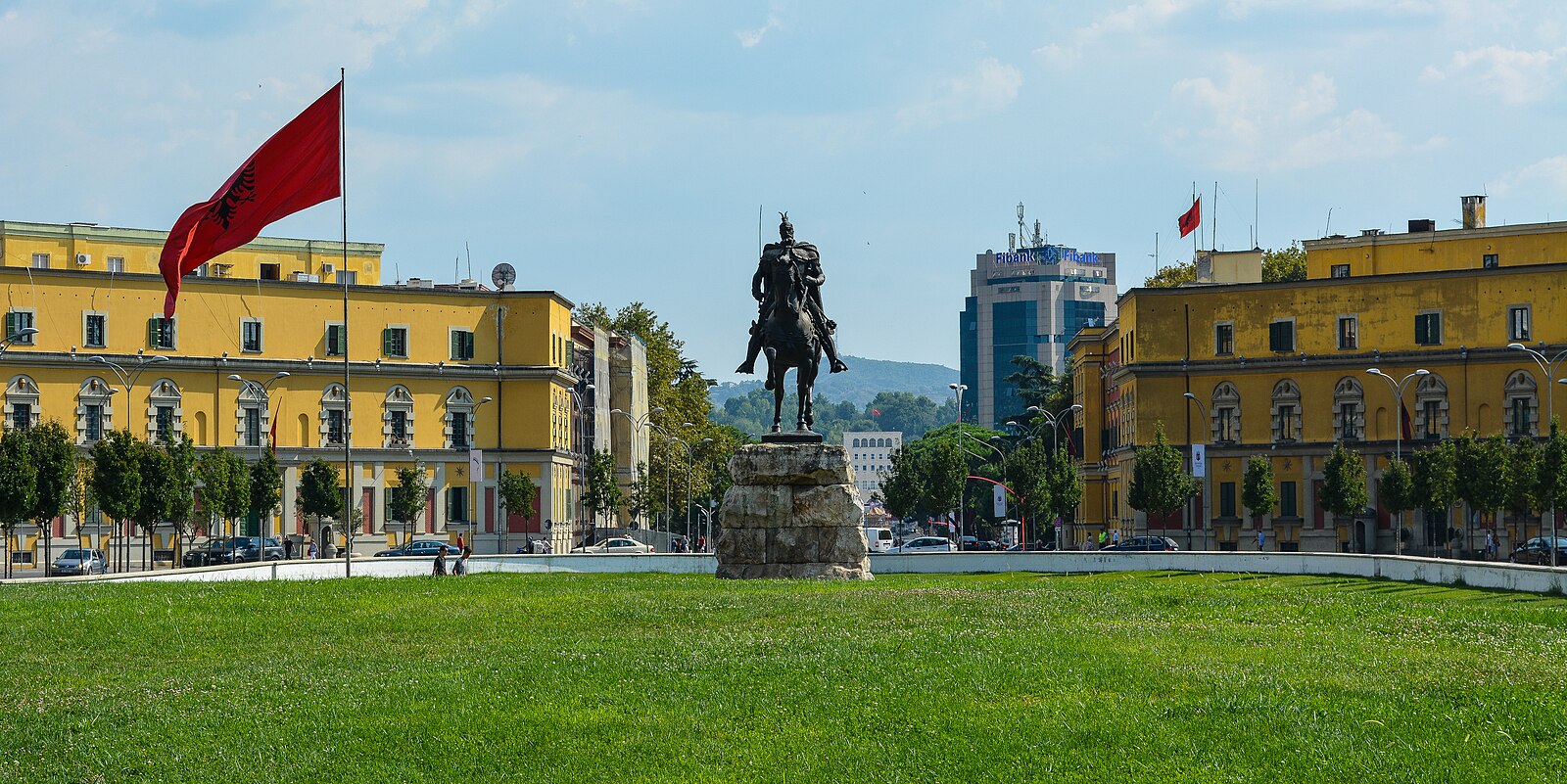 Skanderbeg Square in Tirana, Albania with mosque and clock tower