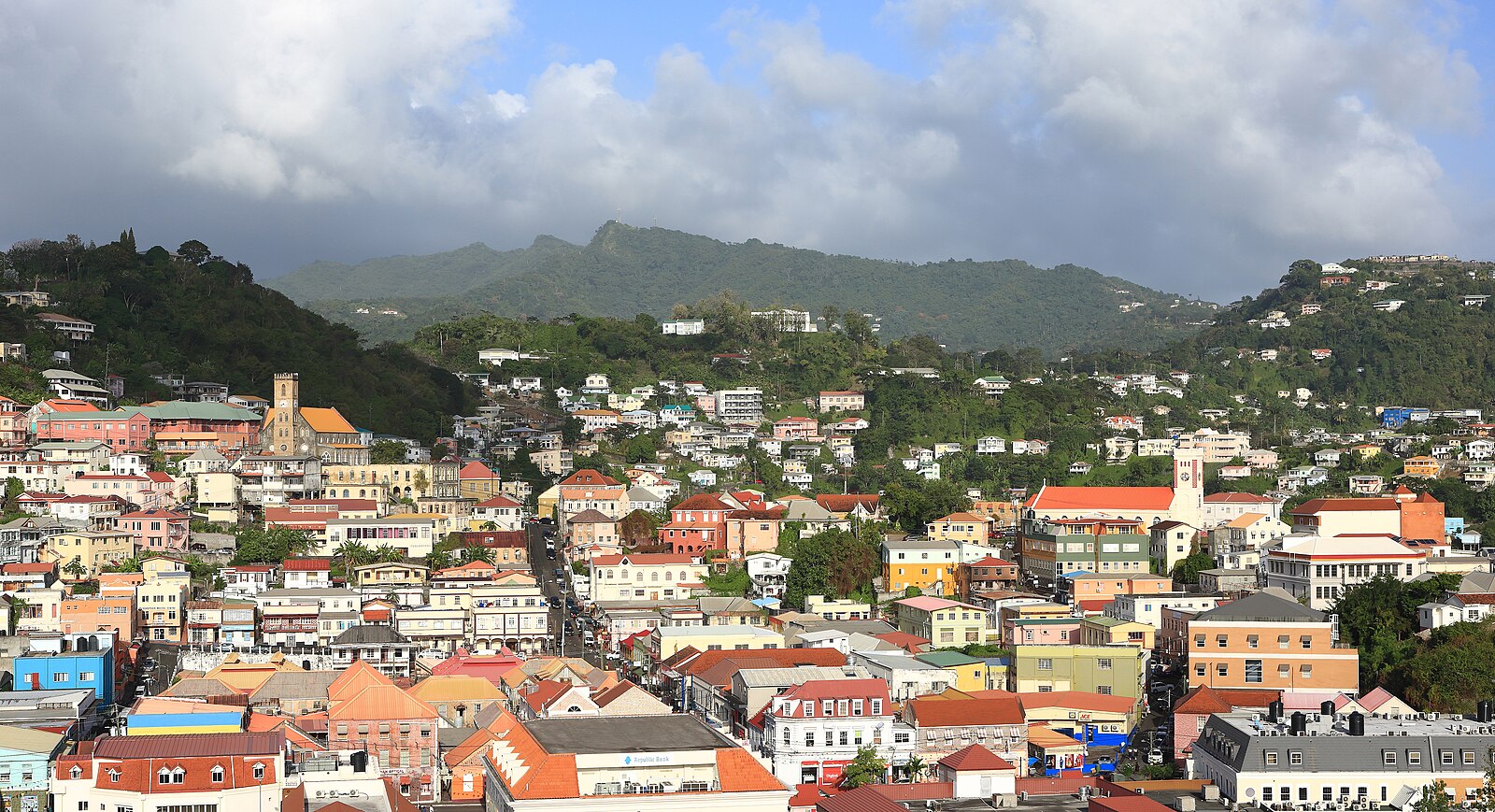 St. George's harbor and colorful hillside buildings, Grenada
