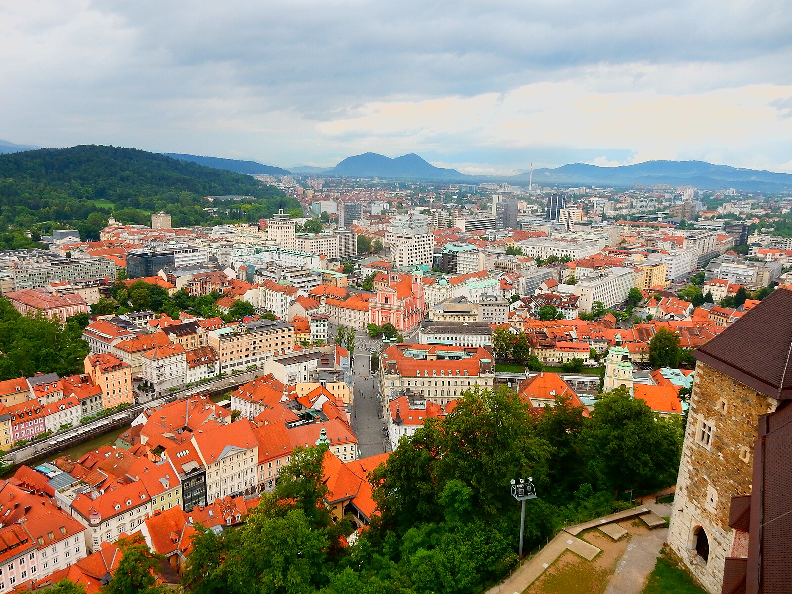 Ljubljana Old Town rooftops with castle in background, Slovenia